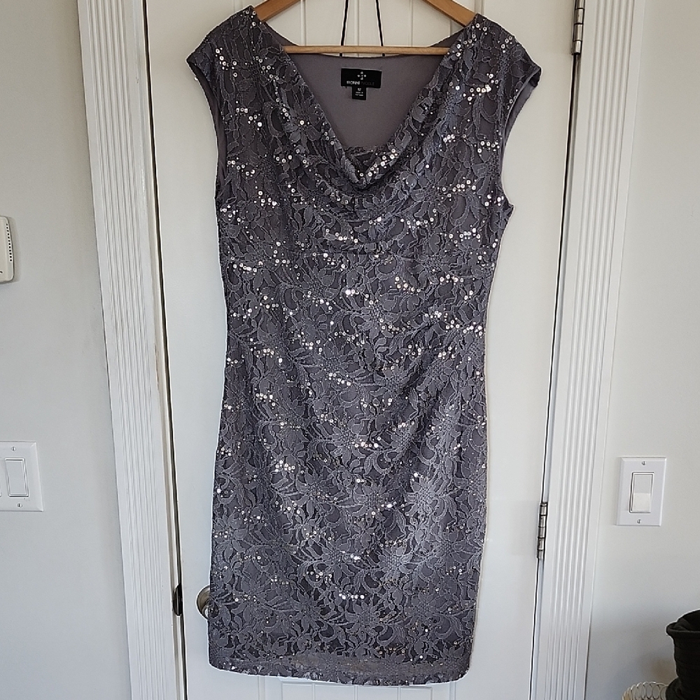 Silver Ruched Cowl Neck Dress